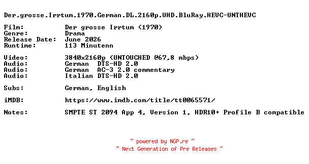 NFO for the release Der.grosse.Irrtum.1970.German.DL.2160p.UHD.BluRay.HEVC-UNTHEVC by UNTHEVC