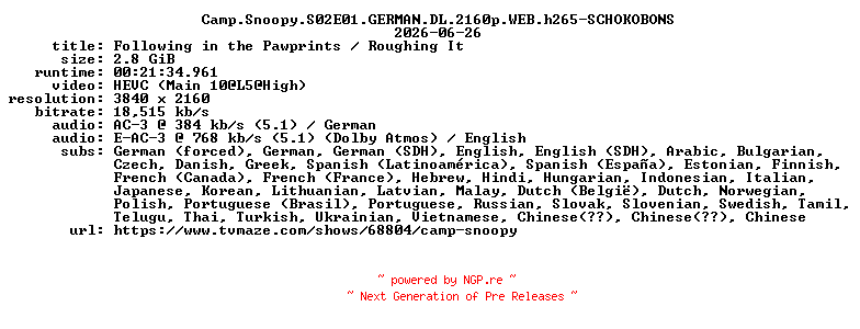 NFO for the release Camp.Snoopy.S02E01.GERMAN.DL.2160p.WEB.h265-SCHOKOBONS by SCHOKOBONS