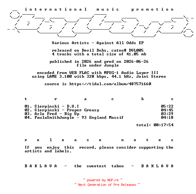 NFO for the release VA-Against_All_Odds_EP-(DVL005)-WEB-2026-BAKLAVA by BAKLAVA