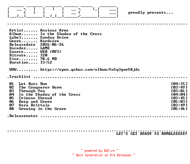 NFO for the release Anxious_Arms-In_the_Shadow_of_the_Cross-(WEB)-2026-RUMBLE by RUMBLE