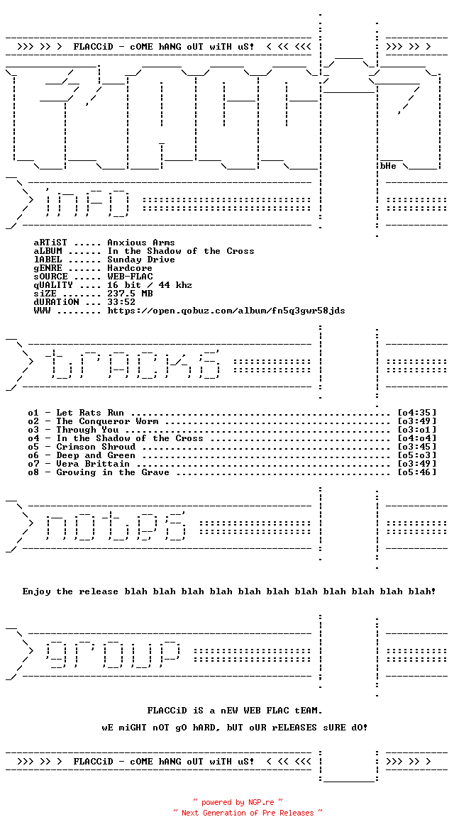 NFO for the release Anxious_Arms-In_the_Shadow_of_the_Cross-16BIT-WEB-FLAC-2026-FLACCiD by FLACCiD