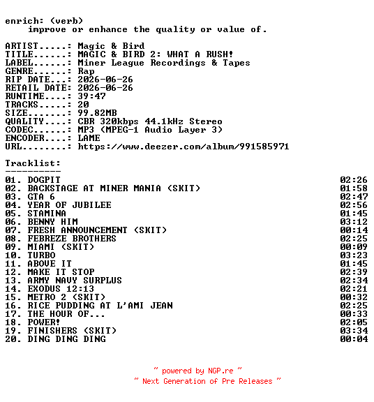 NFO for the release Magic_and_Bird-MAGIC_and_BIRD_2_WHAT_A_RUSH-WEB-2026-ENRiCH by ENRiCH