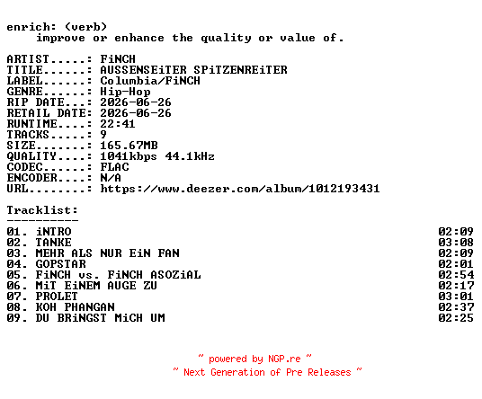 NFO for the release FiNCH-AUSSENSEiTER_SPiTZENREiTER-DE-16BIT-WEB-FLAC-2026-ENRiCH by ENRiCH