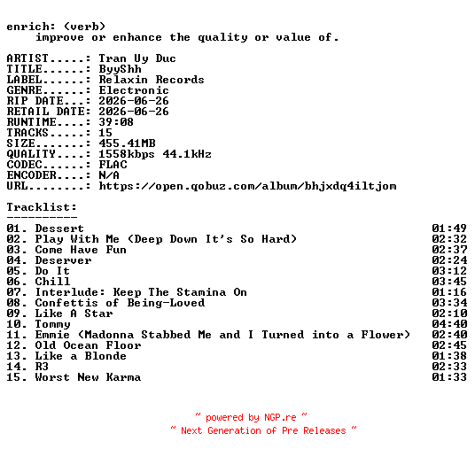 NFO for the release Tran_Uy_Duc-ByyShh-24BIT-WEB-FLAC-2026-ENRiCH by ENRiCH