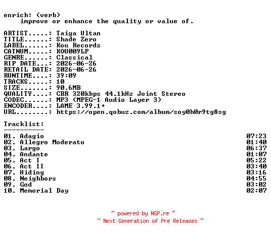 NFO for the release Taiga_Ultan-Shade_Zero-(KOU009LP)-WEB-2026-ENRiCH by ENRiCH