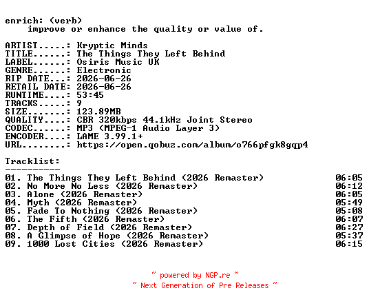 NFO for the release Kryptic_Minds-The_Things_They_Left_Behind-REMASTERED-WEB-2026-ENRiCH by ENRiCH
