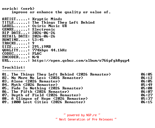 NFO for the release Kryptic_Minds-The_Things_They_Left_Behind-REMASTERED-16BIT-WEB-FLAC-2026-ENRiCH by ENRiCH