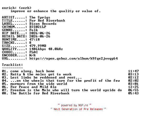 NFO for the release The_Sprigs-For_Red_Riverbank-(BIS021LP)-24BIT-WEB-FLAC-2026-ENRiCH by ENRiCH