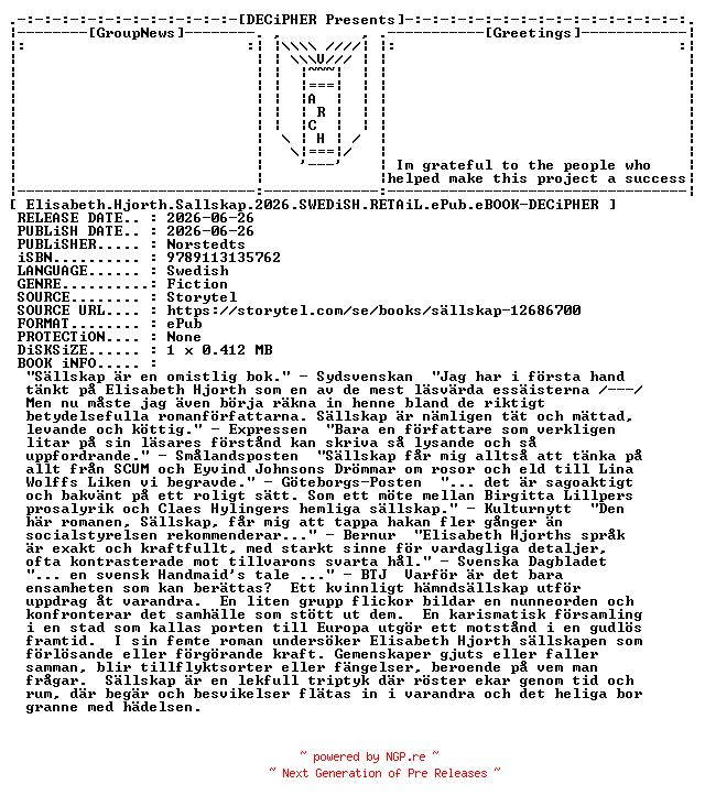 NFO for the release Elisabeth.Hjorth.Sallskap.2026.SWEDiSH.RETAiL.ePub.eBOOK-DECiPHER by DECiPHER