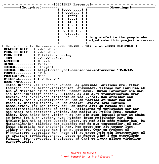 NFO for the release Helle.Vincentz.Droemmerne.2026.DANiSH.RETAiL.ePub.eBOOK-DECiPHER by DECiPHER