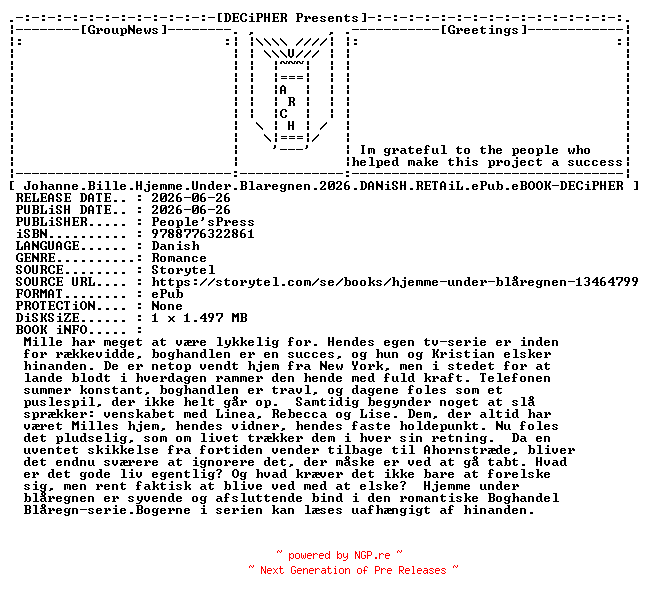 NFO for the release Johanne.Bille.Hjemme.Under.Blaregnen.2026.DANiSH.RETAiL.ePub.eBOOK-DECiPHER by DECiPHER