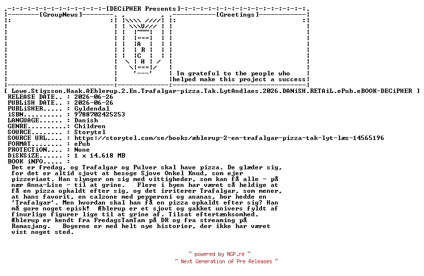 NFO for the release Lowe.Stigsson.Haak.Aeblerup.2.En.Trafalgar.Pizza.Tak.Lyt.And.Laes.2026.DANiSH.RETAiL.ePub.eBOOK-DECiPHER by DECiPHER