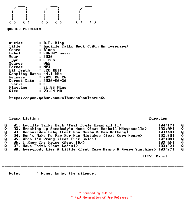 NFO for the release B.B._King-Lucille_Talks_Back_(50th_Anniversary)-REMASTERED-WEB-2026-QUAVER by QUAVER