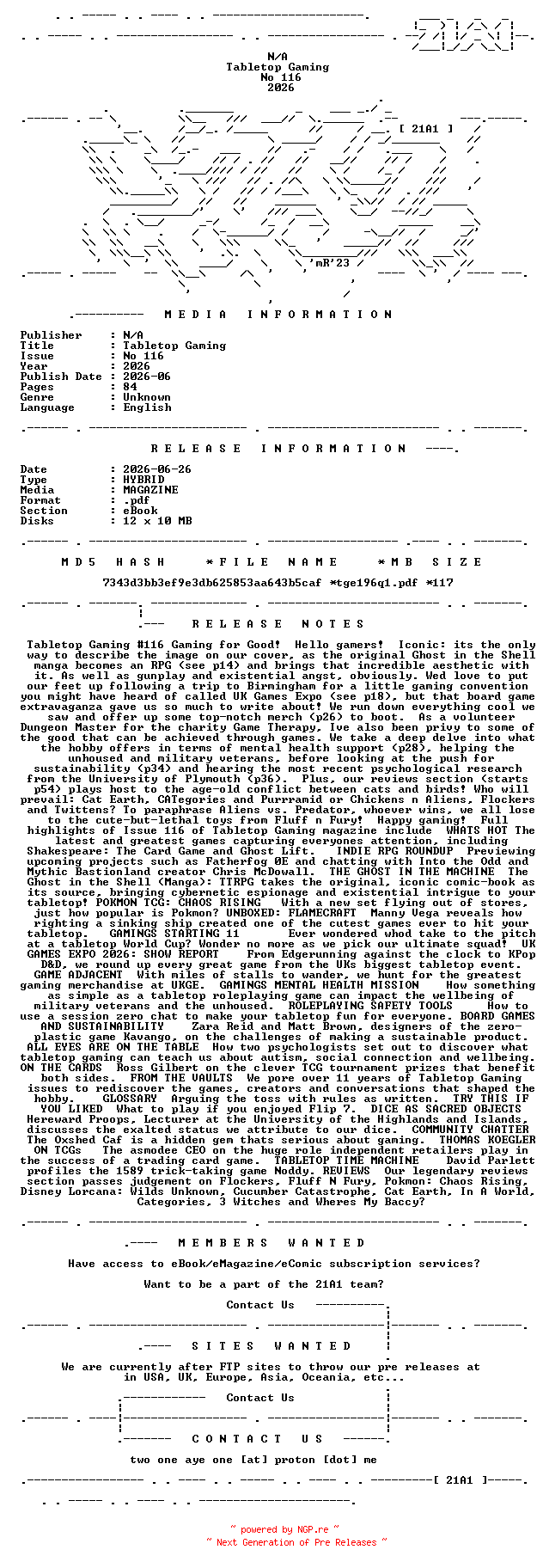 NFO for the release Tabletop.Gaming.No.116.2026.HYBRID.MAGAZINE.eBook-21A1 by 21A1