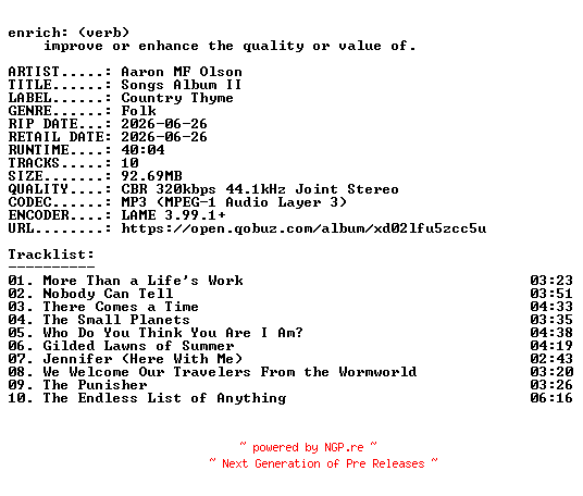 NFO for the release Aaron_MF_Olson-Songs_Album_II-WEB-2026-ENRiCH by ENRiCH
