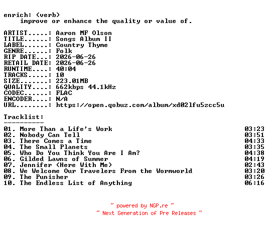 NFO for the release Aaron_MF_Olson-Songs_Album_II-16BIT-WEB-FLAC-2026-ENRiCH by ENRiCH