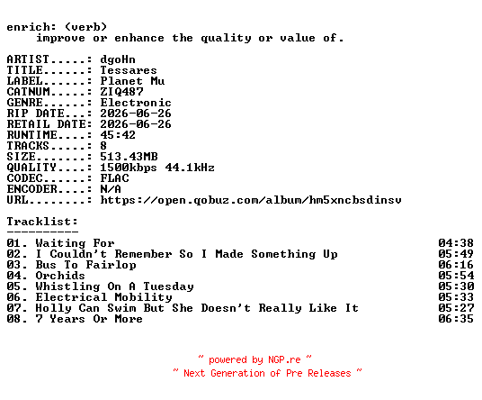 NFO for the release dgoHn-Tessares-(ZIQ487)-24BIT-WEB-FLAC-2026-ENRiCH by ENRiCH