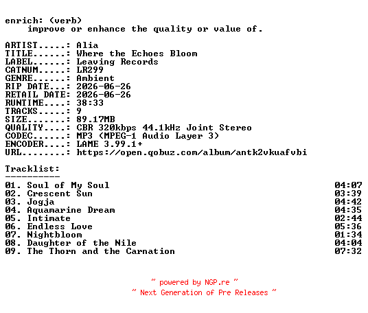 NFO for the release Alia-Where_the_Echoes_Bloom-(LR299)-WEB-2026-ENRiCH by ENRiCH