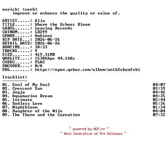 NFO for the release Alia-Where_the_Echoes_Bloom-(LR299)-24BIT-WEB-FLAC-2026-ENRiCH by ENRiCH