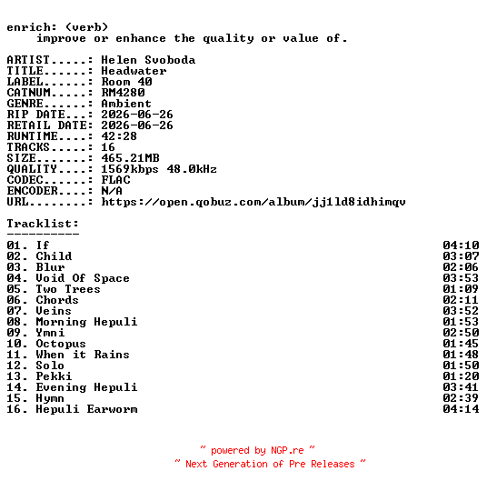 NFO for the release Helen_Svoboda-Headwater-(RM4280)-24BIT-WEB-FLAC-2026-ENRiCH by ENRiCH