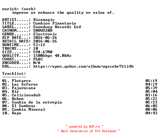 NFO for the release Rizomagic-Cumbion_Planetario-(SNDW220D)-24BIT-WEB-FLAC-2026-ENRiCH by ENRiCH