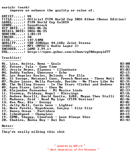 NFO for the release VA-Official_FIFA_World_Cup_2026_Album_(Bonus_Edition)-OST-WEB-2026-ENRiCH by ENRiCH