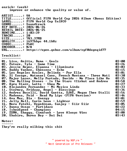 NFO for the release VA-Official_FIFA_World_Cup_2026_Album_(Bonus_Edition)-OST-24BIT-WEB-FLAC-2026-ENRiCH by ENRiCH