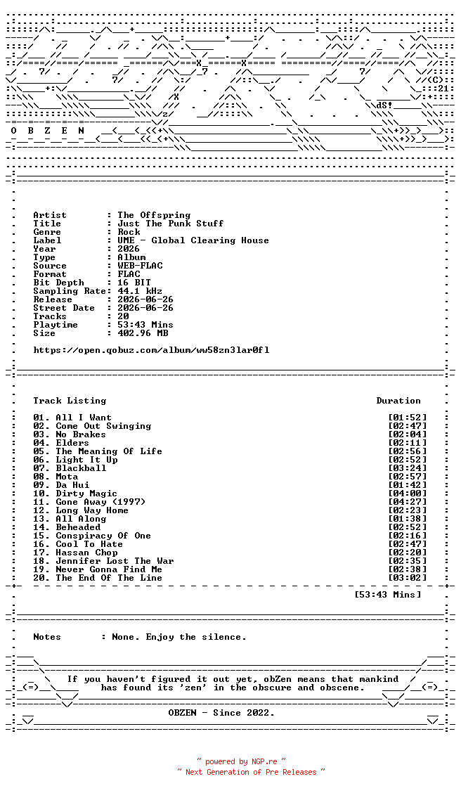 NFO for the release The_Offspring-Just_The_Punk_Stuff-16BIT-WEB-FLAC-2026-OBZEN by OBZEN
