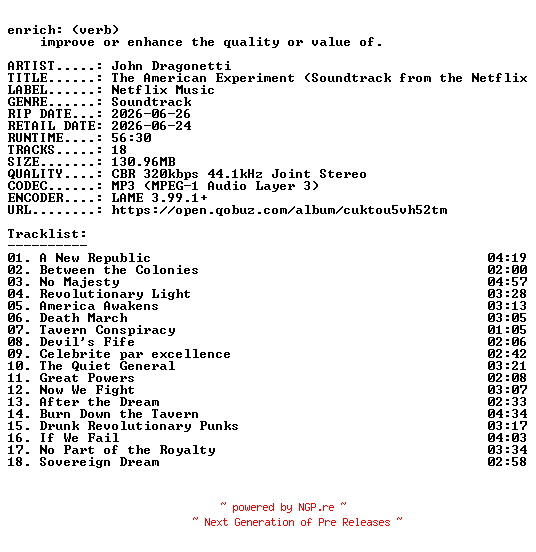 NFO for the release John_Dragonetti-The_American_Experiment_(Soundtrack_from_the_Netflix_Documentary_Series)-OST-WEB-2026-ENRiCH by ENRiCH