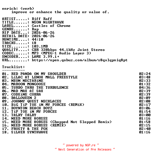 NFO for the release Riff_Raff-NEON_NiGHTHAWK-WEB-2026-ENRiCH by ENRiCH
