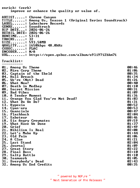 NFO for the release Chrome_Canyon-Among_Us_Season_1_(Original_Series_Soundtrack)-OST-24BIT-WEB-FLAC-2026-ENRiCH by ENRiCH