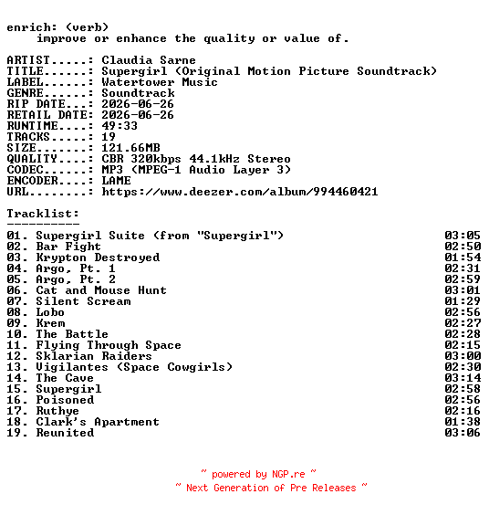 NFO for the release Claudia_Sarne-Supergirl_(Original_Motion_Picture_Soundtrack)-OST-WEB-2026-ENRiCH by ENRiCH
