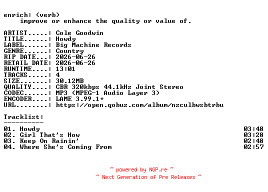 NFO for the release Cole_Goodwin-Howdy-EP-WEB-2026-ENRiCH by ENRiCH