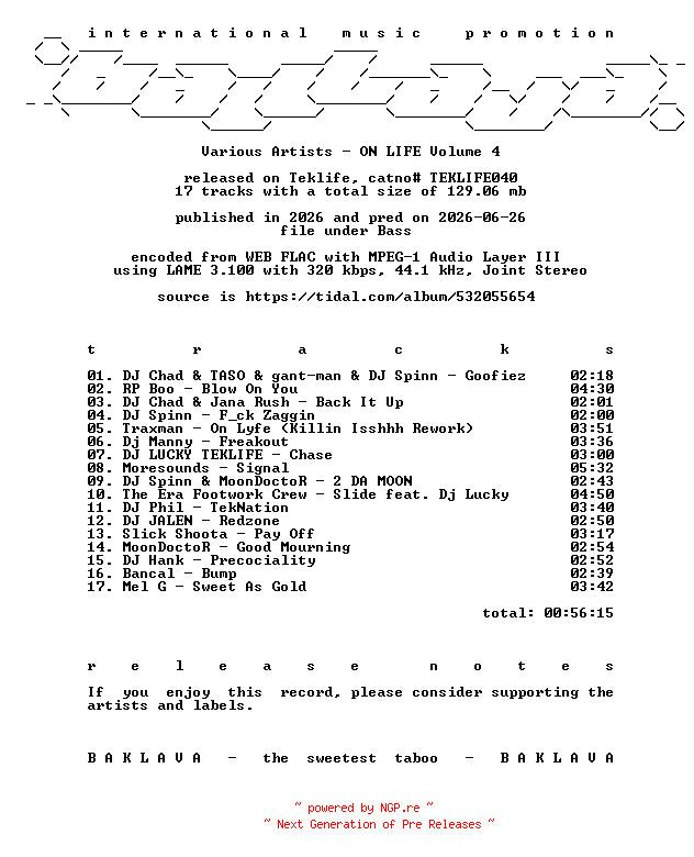 NFO for the release VA-ON_LIFE_Volume_4-(TEKLIFE040)-WEB-2026-BAKLAVA by BAKLAVA