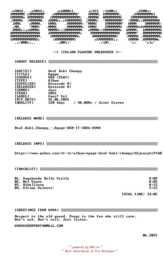 NFO for the release Deaf_Kaki_Chumpy_-_Agape-WEB-IT-2026-UOVA by UOVA