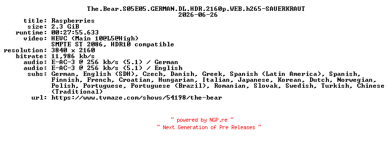 NFO for the release The.Bear.S05E05.GERMAN.DL.HDR.2160p.WEB.h265-SAUERKRAUT by SAUERKRAUT