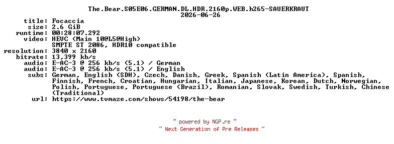 NFO for the release The.Bear.S05E06.GERMAN.DL.HDR.2160p.WEB.h265-SAUERKRAUT by SAUERKRAUT