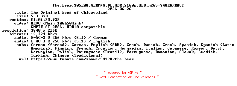NFO for the release The.Bear.S05E08.GERMAN.DL.HDR.2160p.WEB.h265-SAUERKRAUT by SAUERKRAUT