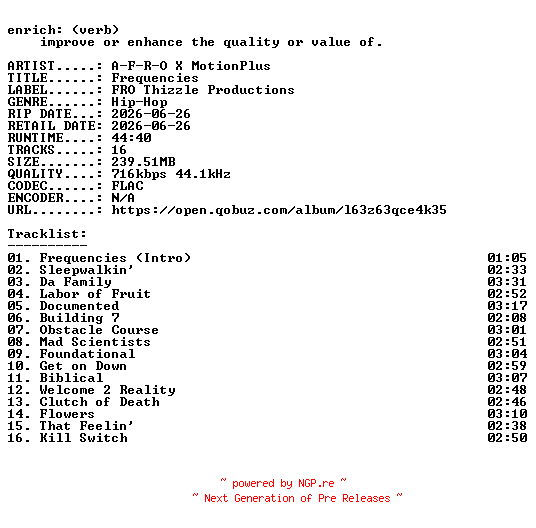 NFO for the release A-F-R-O_X_MotionPlus-Frequencies-16BIT-WEB-FLAC-2026-ENRiCH by ENRiCH