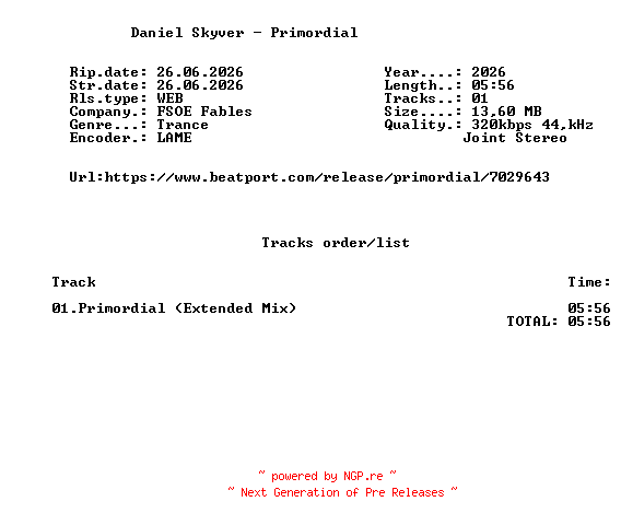 NFO for the release Daniel_Skyver_-_Primordial-(FSOEF135)-SINGLE-WEB-2026-FMC by FMC