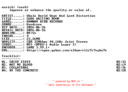 NFO for the release Whole_World_Wept_And_Lord_Distortion-GODS_WAITING_ROOM-EP-WEB-2026-ENRiCH by ENRiCH