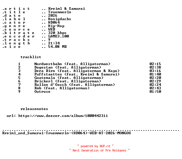 NFO for the release Kreiml_und_Samurai-Truemmerln-(HD064)-WEB-AT-2026-MONGOS by MONGOS