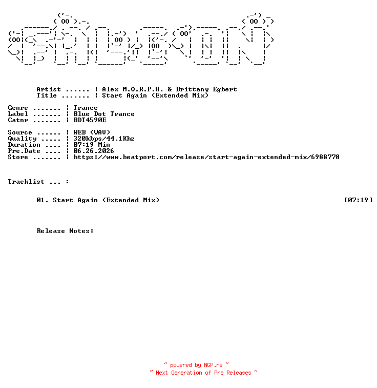 NFO for the release Alex_M.O.R.P.H._And_Brittany_Egbert-Start_Again_(Extended_Mix)-(BDT4590E)-SINGLE-WEB-2026-FALCON by FALCON