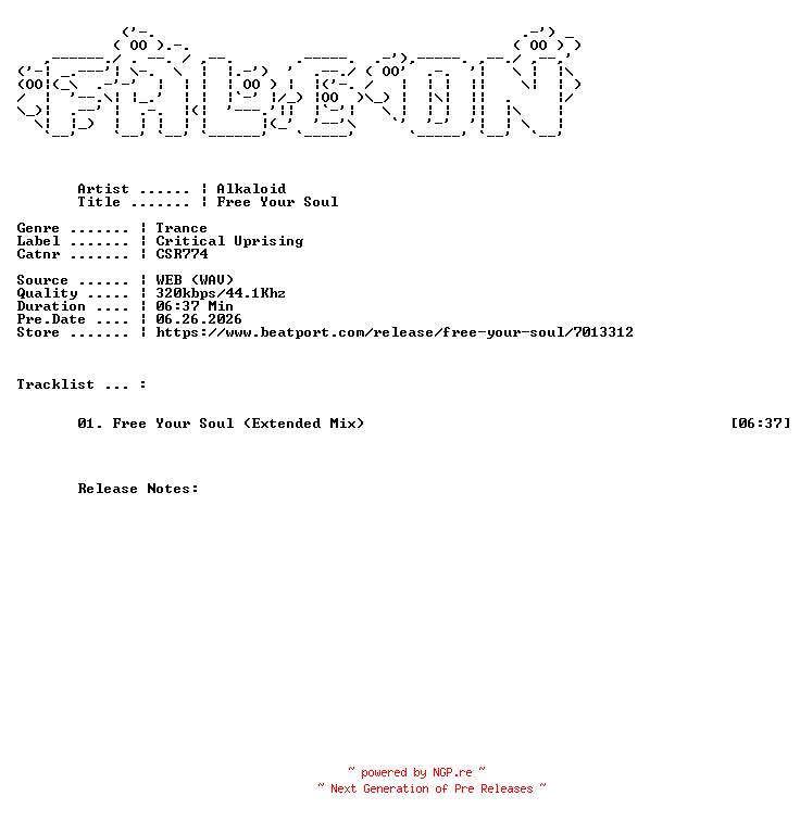 NFO for the release Alkaloid-Free_Your_Soul-(CSR774)-SINGLE-WEB-2026-FALCON by FALCON