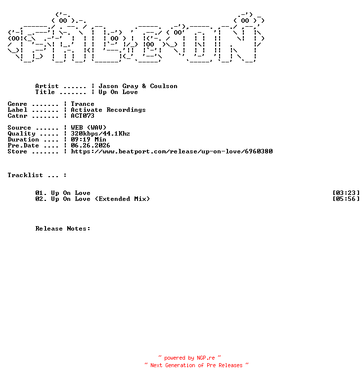 NFO for the release Jason_Gray_And_Coulson-Up_On_Love-(ACT073)-WEB-2026-FALCON by FALCON