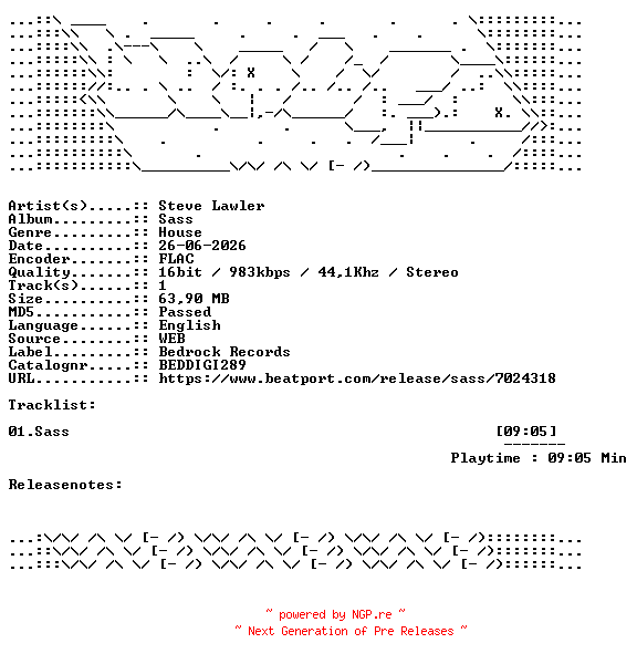 NFO for the release Steve_Lawler-Sass-BEDDIGI289-SINGLE-16BIT-WEB-FLAC-2026-WAVED by WAVED