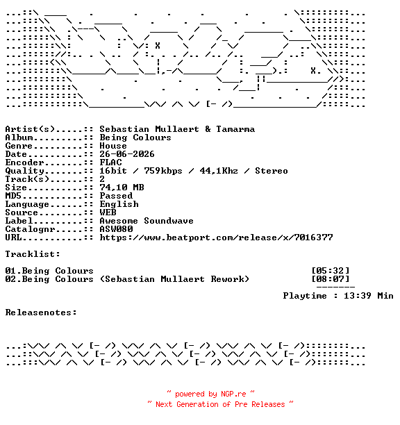 NFO for the release Sebastian_Mullaert_And_Tamarma-Being_Colours-ASW080-16BIT-WEB-FLAC-2026-WAVED by WAVED