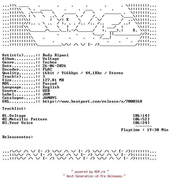 NFO for the release Rudy_Ripani-Voltage-JAM095-16BIT-WEB-FLAC-2026-WAVED by WAVED