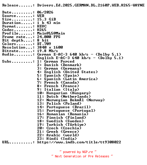 NFO for the release Drivers.Ed.2025.GERMAN.DL.2160P.WEB.H265-WAYNE by WAYNE