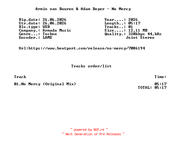 NFO for the release Armin_Van_Buuren_And_Adam_Beyer_-_No_Mercy-(ARMAS3766)-SINGLE-WEB-2026-FMC by FMC